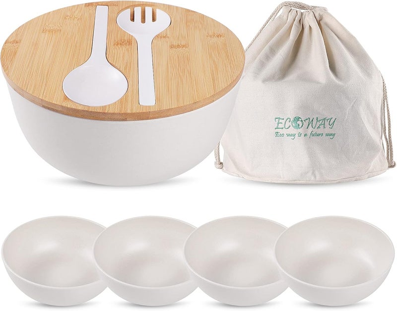 ECOWAY وعاء سلطة من ألياف البامبو مع غطاء وعاء خلط سلطة مع غطاء بامبو وأدوات للتخييم أوعية سلطة ميلامين مع 4 أوعية تقديم ملعقة وشوكة للمكرونة والفواكه أبيض 98 بوصة - Image 1