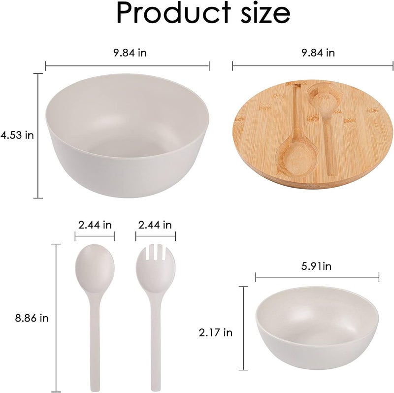 ECOWAY وعاء سلطة من ألياف البامبو مع غطاء وعاء خلط سلطة مع غطاء بامبو وأدوات للتخييم أوعية سلطة ميلامين مع 4 أوعية تقديم ملعقة وشوكة للمكرونة والفواكه أبيض 98 بوصة - Image 3