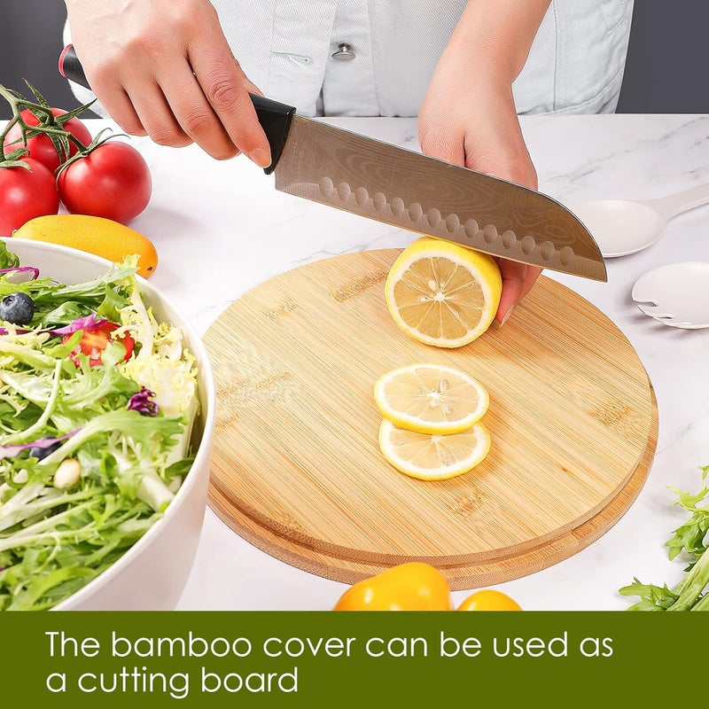 ECOWAY وعاء سلطة من ألياف البامبو مع غطاء وعاء خلط سلطة مع غطاء بامبو وأدوات للتخييم أوعية سلطة ميلامين مع 4 أوعية تقديم ملعقة وشوكة للمكرونة والفواكه أبيض 98 بوصة - Image 4
