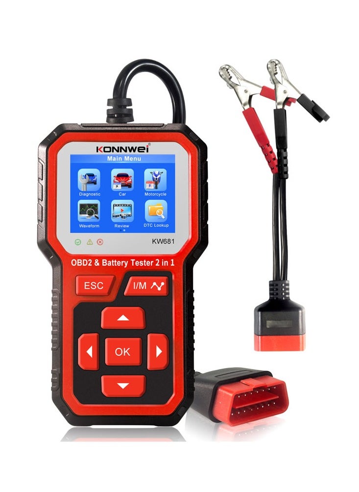 Konnwei KW681 Car & Motorcycle Battery Tester OBDII Diagnostic Scan  - Image 1