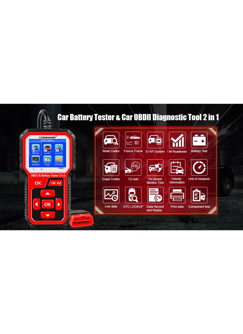 Konnwei KW681 Car & Motorcycle Battery Tester OBDII Diagnostic Scan  - Image 3