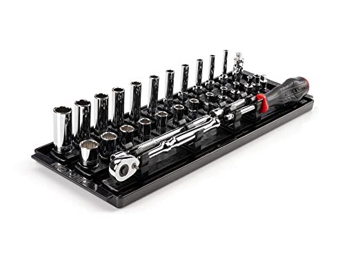 TEKTON 14 Inch Drive 12Point Socket and Ratchet Set with Rails and Tray 29Piece 532916 in SKT03102
