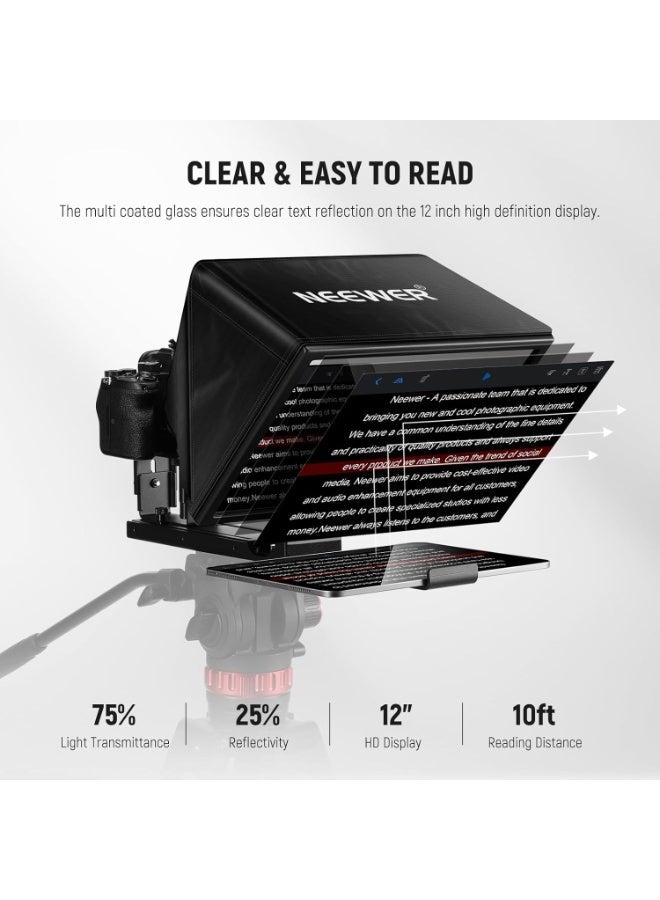 NEEWER BASICS X12B Aluminium Alloy Liftable Teleprompter 12 Inch for iPad Tablet Phone DSLR Camera, Remote Control & App Control, Compatible with iOS Android, Pro for Online Lessons Live Streaming - Image 5
