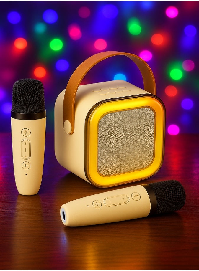 ليفي جهاز كاريوكي صغير، مكبر صوت محمول مع ميكروفونين لاسلكيين للحفلات واللعب في الهواء الطلق (بيج) - Image 2