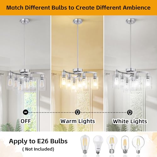 CNOIJUTS 6-Light Modern Chandelier, Brushed Nickel Dining Room Light Fixture, Farmhouse Industrial Chandelier Hanging Over Table, Height Adjustable Pendant Lighting for Kitchen Island Foyer, Clear Glass Shade - Image 5
