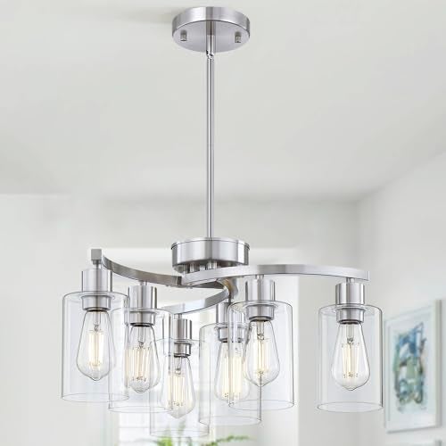 CNOIJUTS 6-Light Modern Chandelier, Brushed Nickel Dining Room Light Fixture, Farmhouse Industrial Chandelier Hanging Over Table, Height Adjustable Pendant Lighting for Kitchen Island Foyer, Clear Glass Shade - Image 1