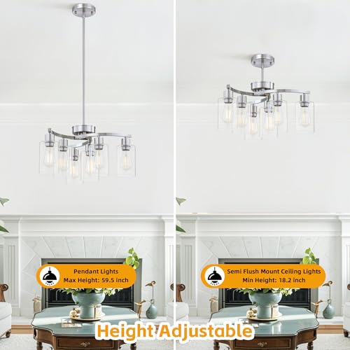CNOIJUTS 6-Light Modern Chandelier, Brushed Nickel Dining Room Light Fixture, Farmhouse Industrial Chandelier Hanging Over Table, Height Adjustable Pendant Lighting for Kitchen Island Foyer, Clear Glass Shade - Image 4