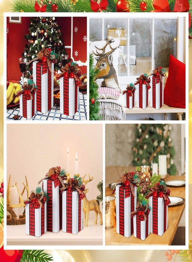 Glenmal 3 Pcs Christmas Table Centerpieces Xmas Wood Gift Boxes Decor Rustic Faux Present Blocks with Bow Ribbon for Holiday Tree Tiered Tray Decoration(Red White,Buffalo Plaid Style) - Image 4