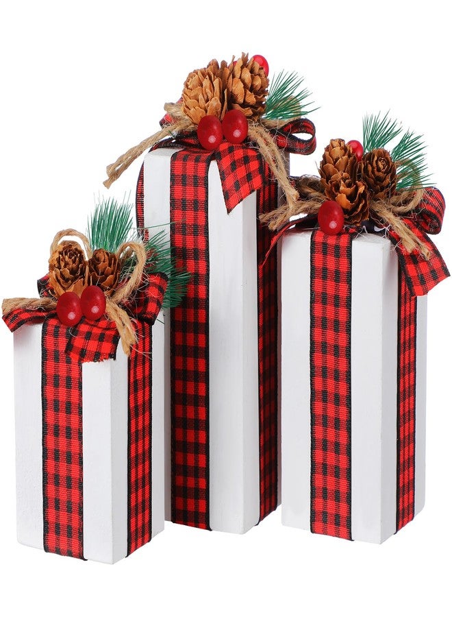 Glenmal 3 Pcs Christmas Table Centerpieces Xmas Wood Gift Boxes Decor Rustic Faux Present Blocks with Bow Ribbon for Holiday Tree Tiered Tray Decoration(Red White,Buffalo Plaid Style) - Image 1