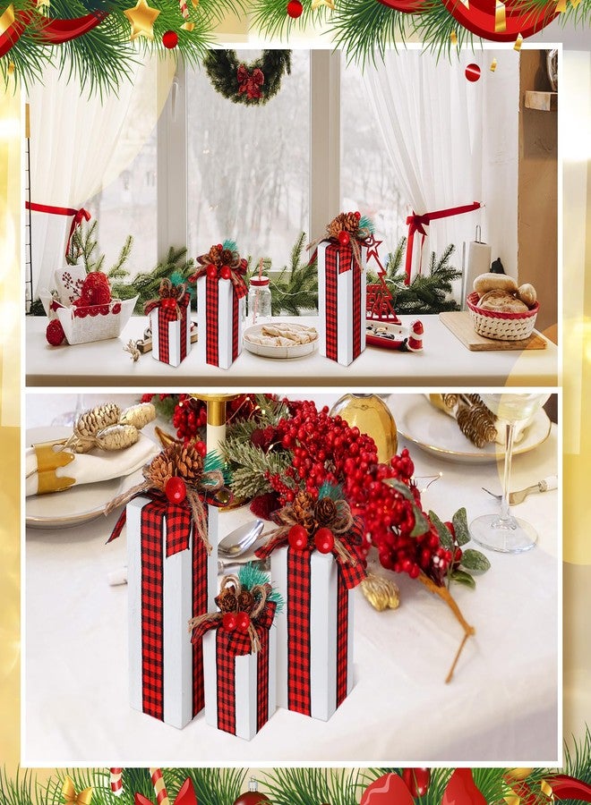 Glenmal 3 Pcs Christmas Table Centerpieces Xmas Wood Gift Boxes Decor Rustic Faux Present Blocks with Bow Ribbon for Holiday Tree Tiered Tray Decoration(Red White,Buffalo Plaid Style) - Image 2
