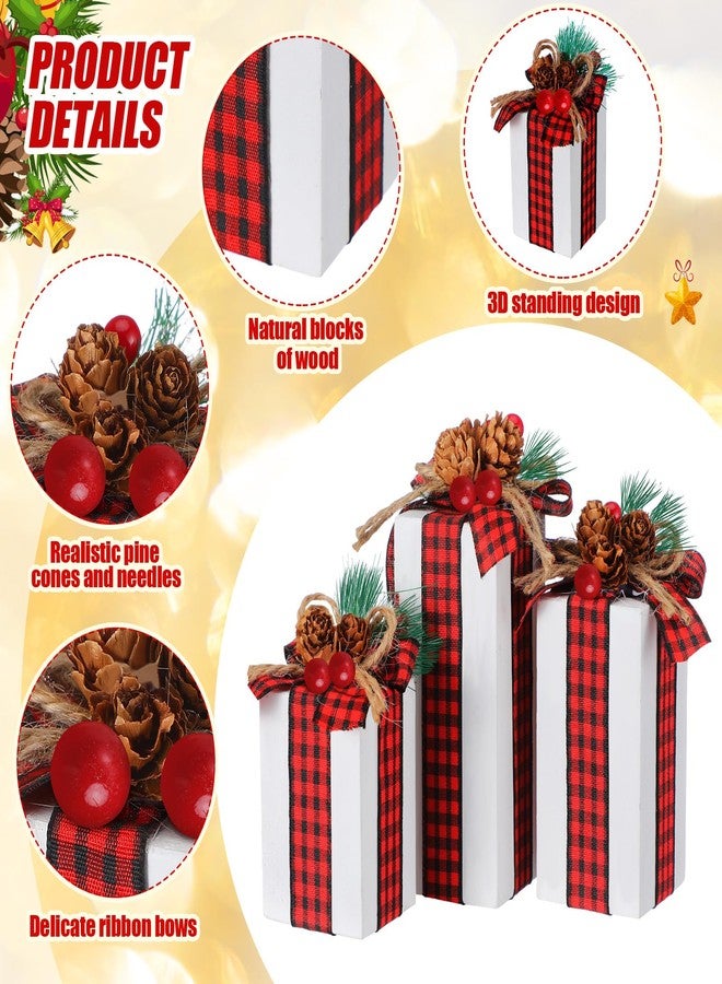 Glenmal 3 Pcs Christmas Table Centerpieces Xmas Wood Gift Boxes Decor Rustic Faux Present Blocks with Bow Ribbon for Holiday Tree Tiered Tray Decoration(Red White,Buffalo Plaid Style) - Image 5