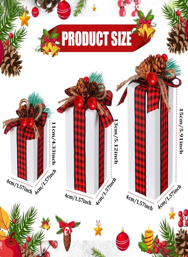 Glenmal 3 Pcs Christmas Table Centerpieces Xmas Wood Gift Boxes Decor Rustic Faux Present Blocks with Bow Ribbon for Holiday Tree Tiered Tray Decoration(Red White,Buffalo Plaid Style) - Image 3