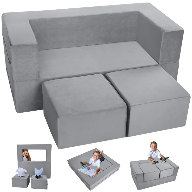 MeMoreCool Kids Sofa Bed Toddler Armchair Couch Grey Kids Convertible Couch Lounger Fold Out Baby Floor Chair Bedroom Furniture Modular Mini Sofa for Playroom
