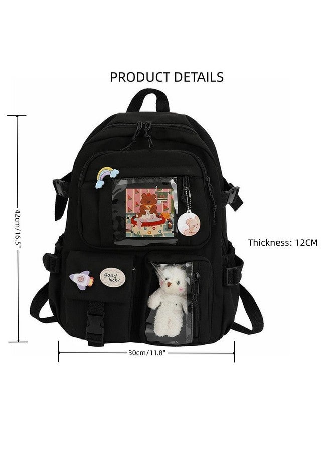 Xfopz Cute Backpacks Waterproof Multi-Pocket Nylon School Backpack for Student Boys Girls Kawaii Laptop School Bag (Black) - Image 3