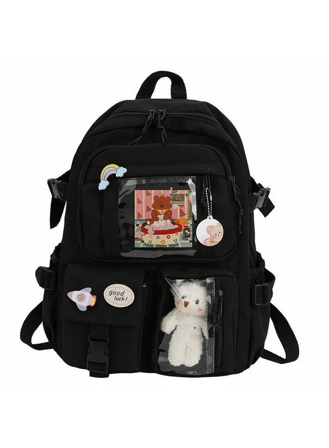 Xfopz Cute Backpacks Waterproof Multi-Pocket Nylon School Backpack for Student Boys Girls Kawaii Laptop School Bag (Black) - Image 1