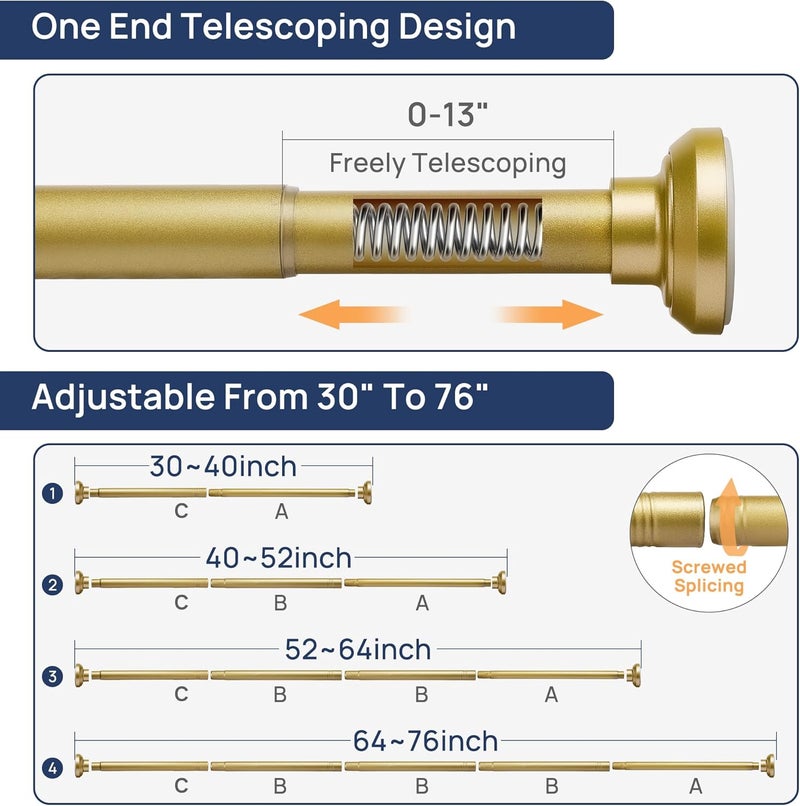ENJOYBASICS Gold Shower Curtain Rod 30 to 76 Inches, Stainless Steel Adjustable Spring Tension Rods No Drill for Bathroom, Closet, Window, Room Divider, Never Rust, Non Slip - Image 2