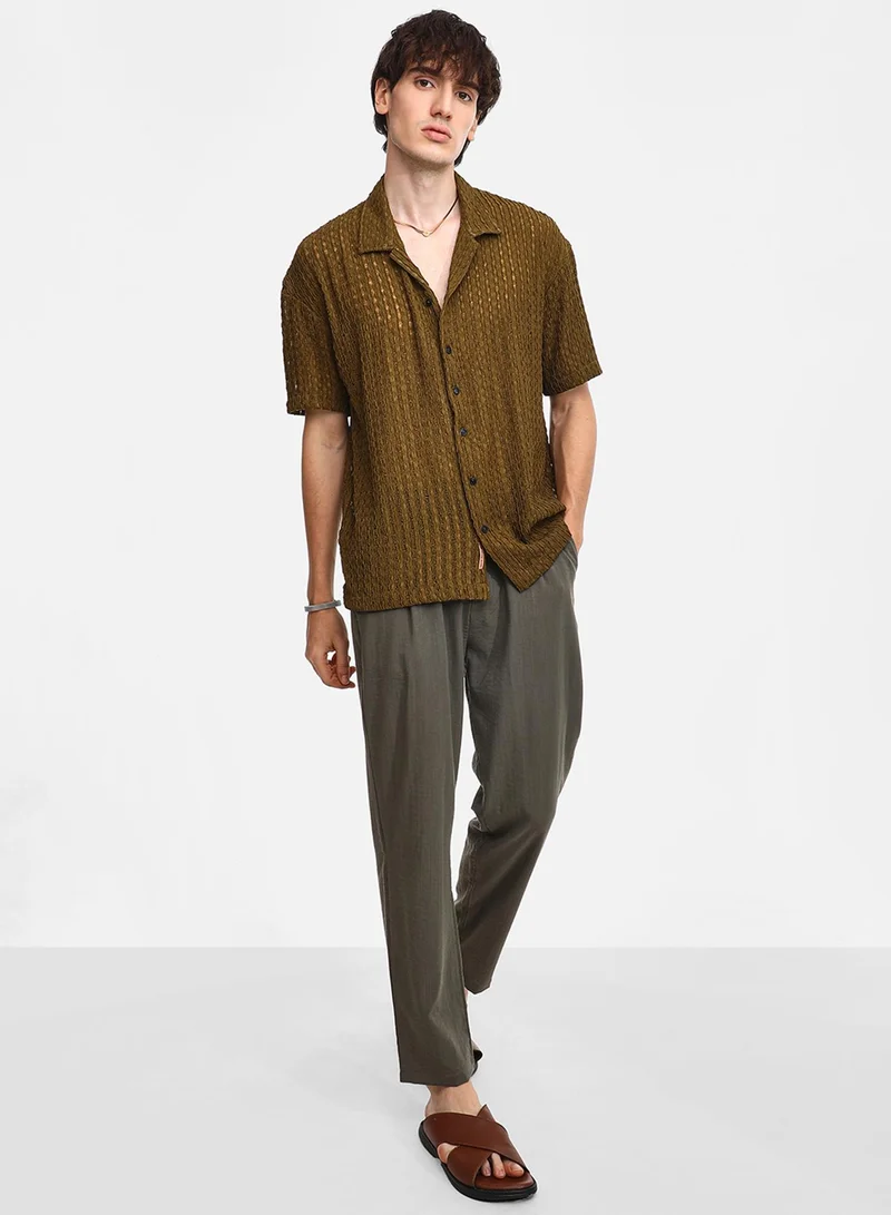 Campus Sutra Men's Army Green Striped Knit Oversized Shirt