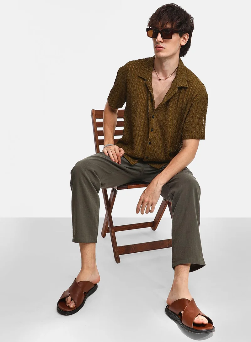 Campus Sutra Men's Army Green Striped Knit Oversized Shirt