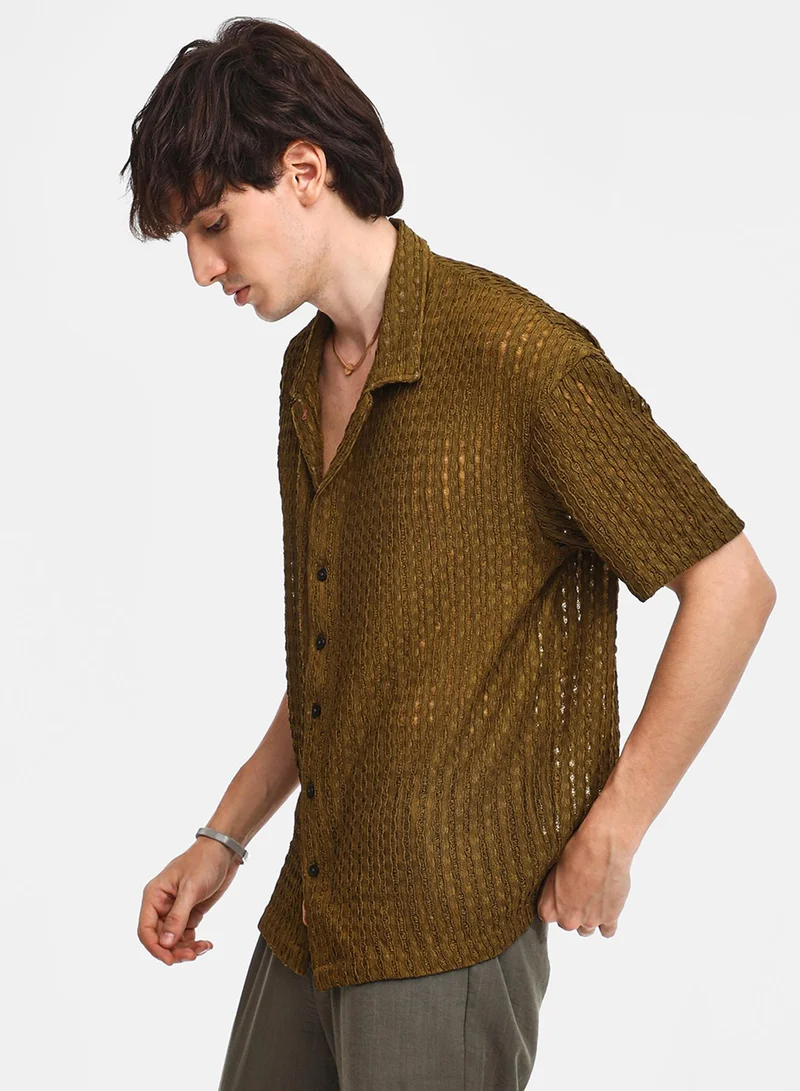 Campus Sutra Men's Army Green Striped Knit Oversized Shirt