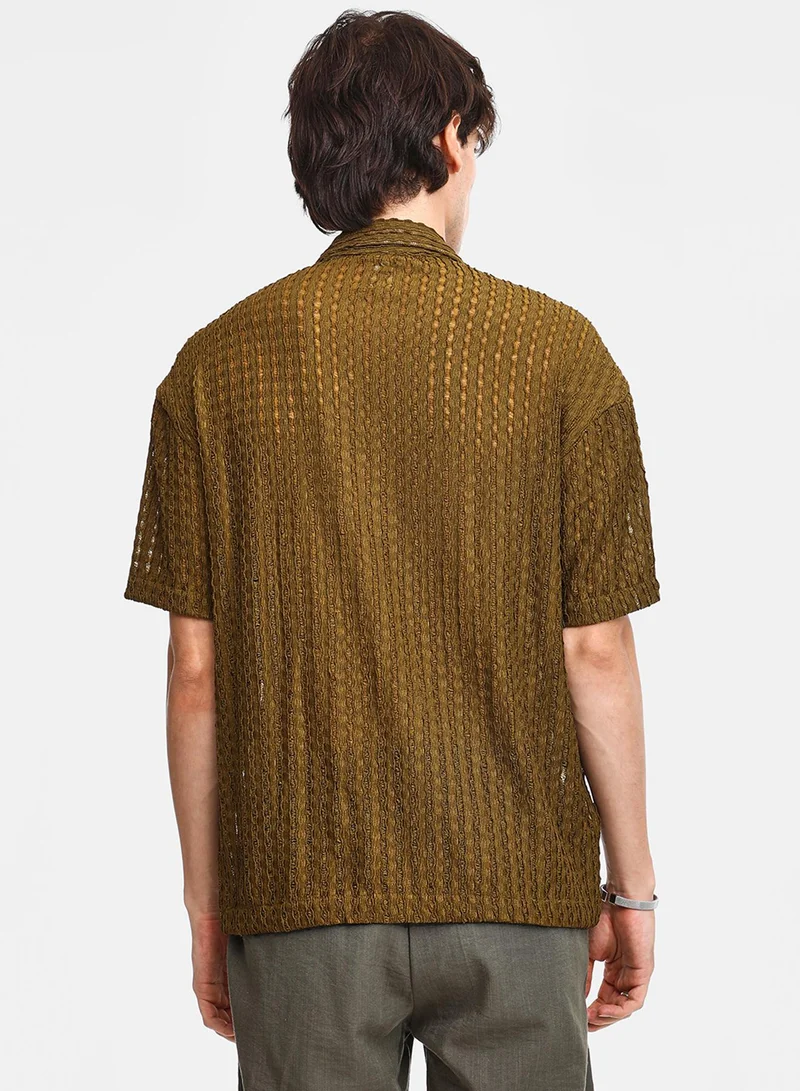 Campus Sutra Men's Army Green Striped Knit Oversized Shirt