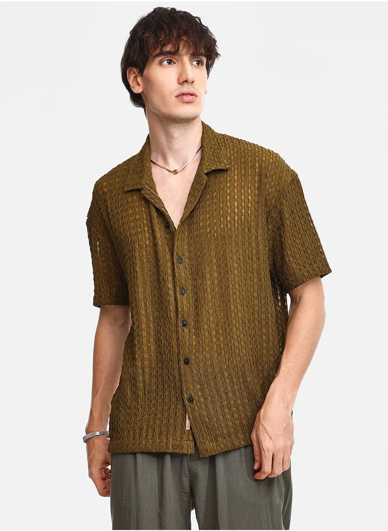 كامبوس سوترا Men's Army Green Striped Knit Oversized Shirt