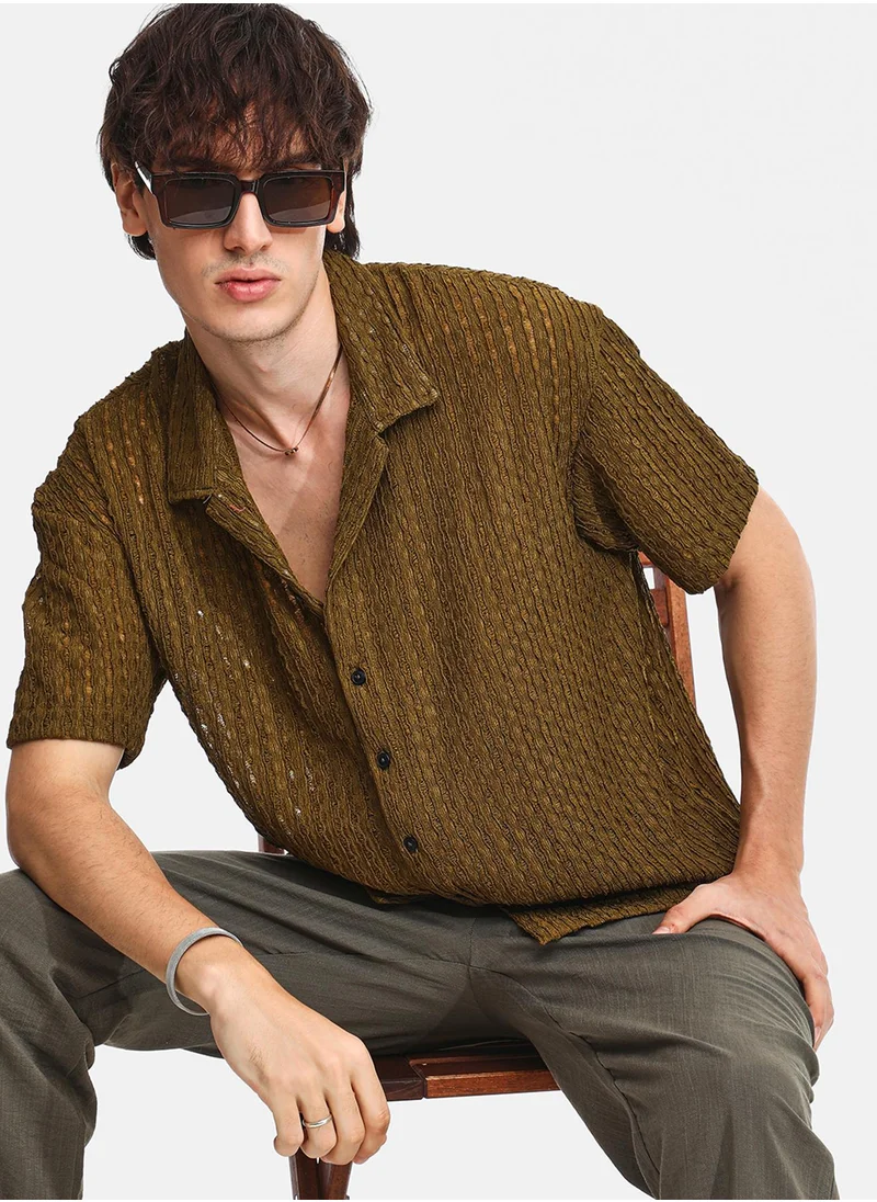 كامبوس سوترا Men's Army Green Striped Knit Oversized Shirt