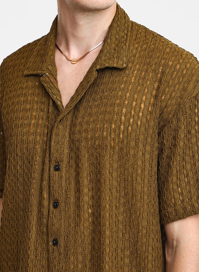 Campus Sutra Men's Army Green Striped Knit Oversized Shirt