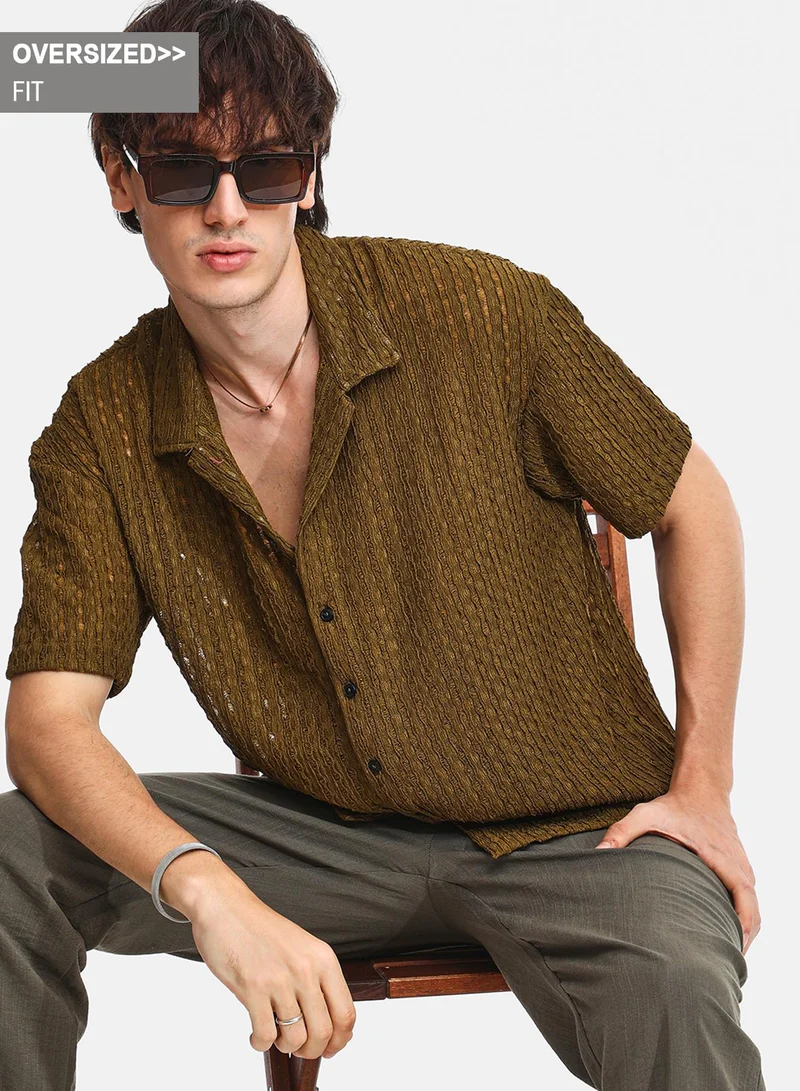 Campus Sutra Men's Army Green Striped Knit Oversized Shirt