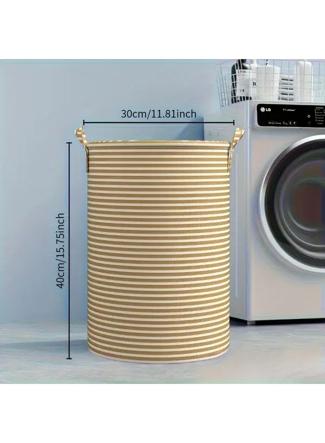Foldable Round Laundry Basket With Green Striped Lid Collapsible Clothes Hamper Sturdy Handle - Image 3