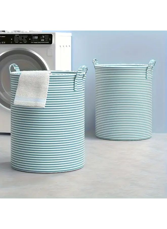 Foldable Round Laundry Basket With Green Striped Lid Collapsible Clothes Hamper Sturdy Handle - Image 1