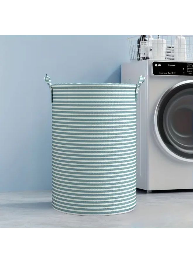 Foldable Round Laundry Basket With Green Striped Lid Collapsible Clothes Hamper Sturdy Handle - Image 5