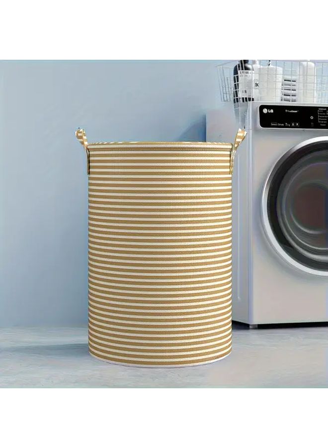 Foldable Round Laundry Basket With Green Striped Lid Collapsible Clothes Hamper Sturdy Handle - Image 4
