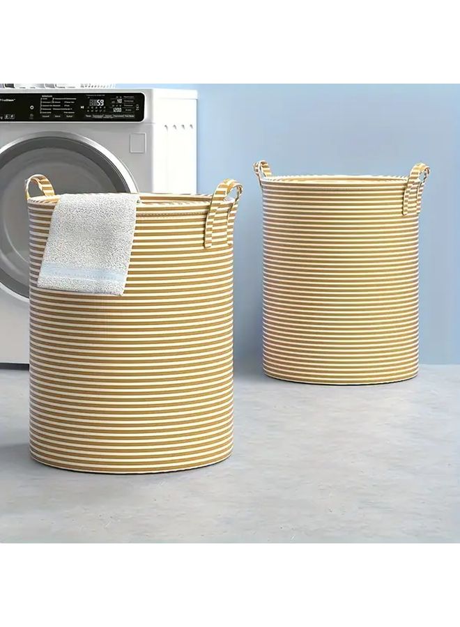 Foldable Round Laundry Basket With Green Striped Lid Collapsible Clothes Hamper Sturdy Handle - Image 2