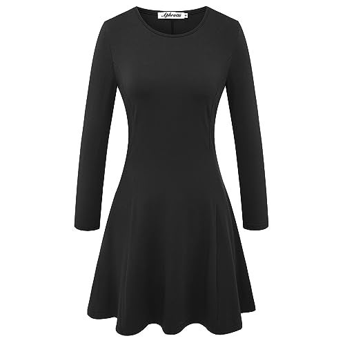 Aphratti Women's Long Sleeve Fall Dresses Casual Basic Crew Neck A-Line Fit and Flare Skater Dress Large Black - Image 2