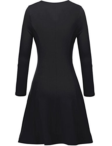 Aphratti Women's Long Sleeve Fall Dresses Casual Basic Crew Neck A-Line Fit and Flare Skater Dress Large Black - Image 3