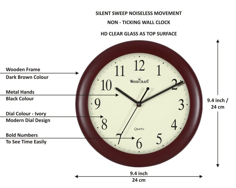Wood Craft W-17: Traditional Analog Wooden Wall Clock - 24 cm x 24 cm x 4 cm, Round, Dark Brown Frame-Ivory Dial - Image 2