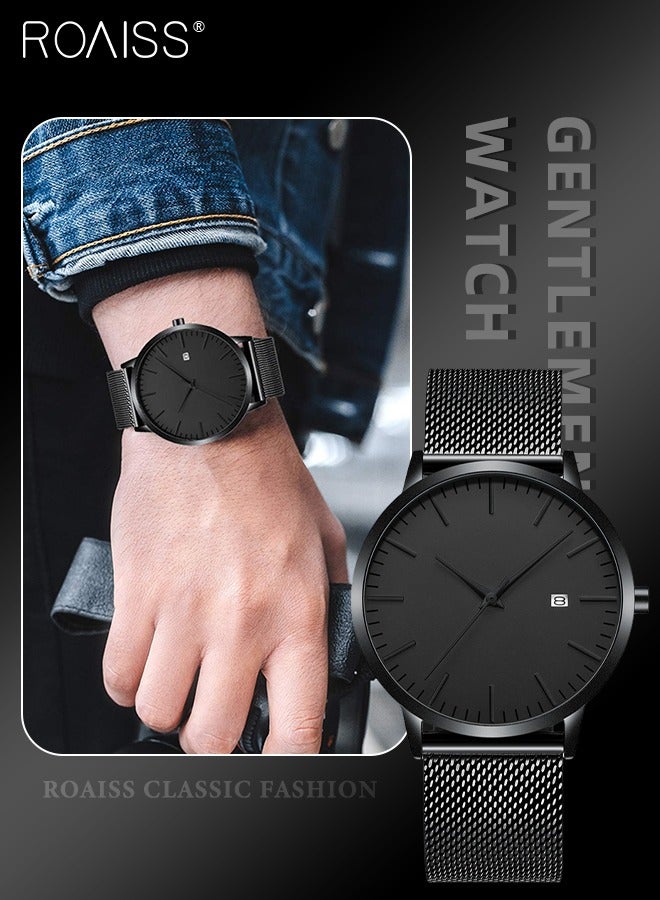 roaiss Men's Quartz Ultra-Thin Waterproof Sport Business Casual Watch with Digital Calendar Black Dial with Black Stainless Steel Ribbon as Gift for Men  - Image 1