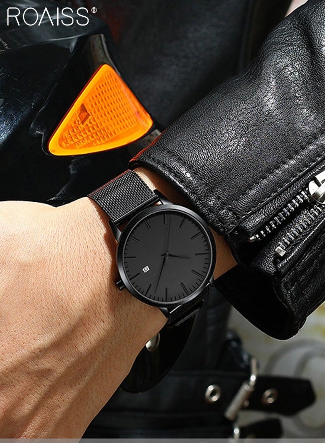 roaiss Men's Quartz Ultra-Thin Waterproof Sport Business Casual Watch with Digital Calendar Black Dial with Black Stainless Steel Ribbon as Gift for Men  - Image 2