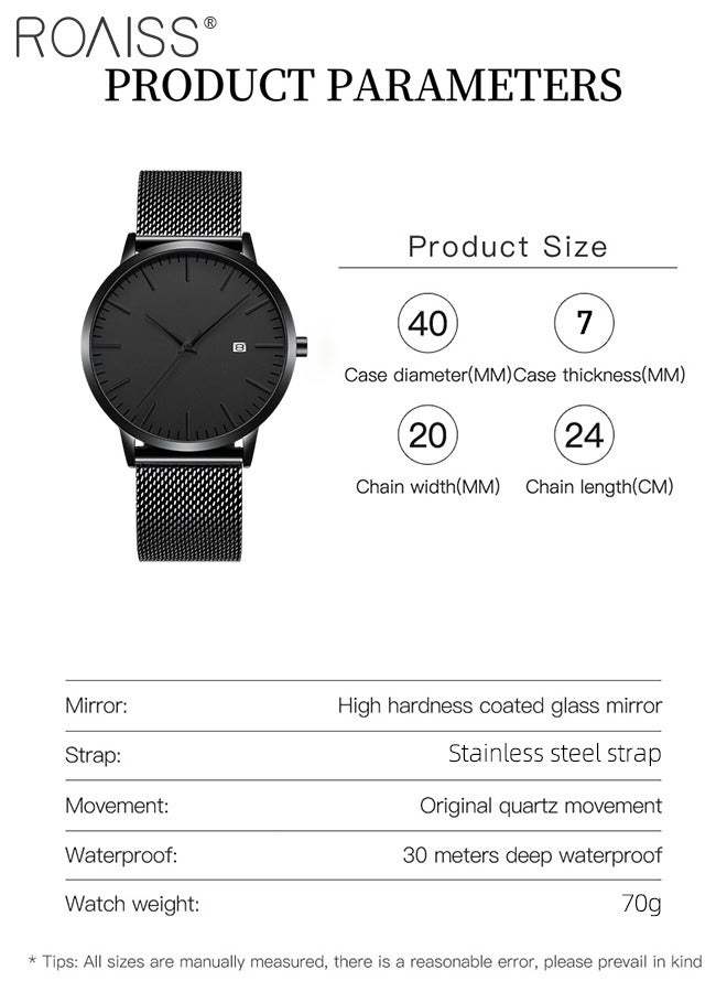 roaiss Men's Quartz Ultra-Thin Waterproof Sport Business Casual Watch with Digital Calendar Black Dial with Black Stainless Steel Ribbon as Gift for Men  - Image 4