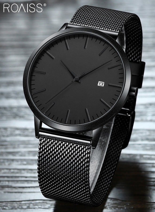 roaiss Men's Quartz Ultra-Thin Waterproof Sport Business Casual Watch with Digital Calendar Black Dial with Black Stainless Steel Ribbon as Gift for Men  - Image 3
