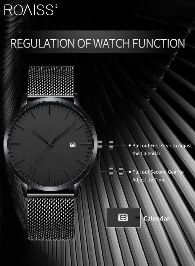 roaiss Men's Quartz Ultra-Thin Waterproof Sport Business Casual Watch with Digital Calendar Black Dial with Black Stainless Steel Ribbon as Gift for Men  - Image 5