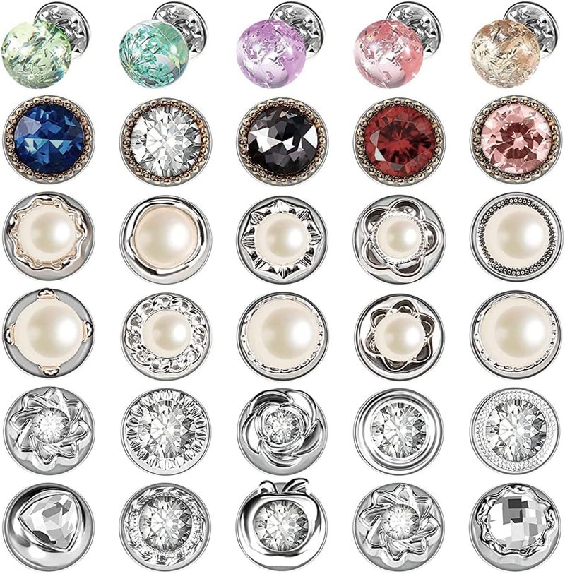 HANNEA® 30Pcs Pearl Buttons Brooch Pin for Women, Safety Button Pins, Instant Rhinestone Saree Pin Cover Up Shirt Exposure Buttons for Clothing, Dress, Hat (Sewing-free) - Image 1