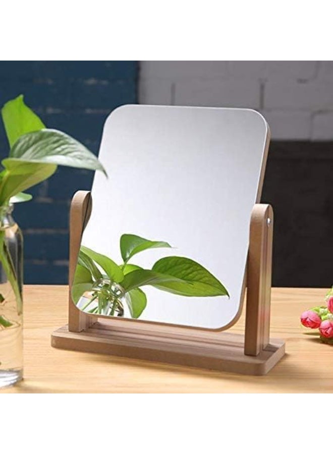 ديكور هيلز مرآة مكياج خشبية قابلة للدوران 360 درجة - مرآة زينة مستطيلة الشكل توضع على سطح الطاولة مع قاعدة ثابتة، ومسامير قابلة للتعديل على الوجهين، وزجاج عالي الدقة، ومرآة مكتب للمنزل والصالون للنساء والرجال - Image 2