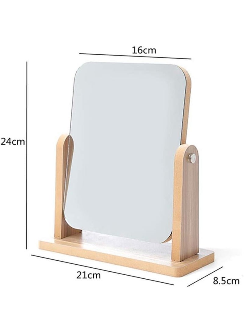 ديكور هيلز مرآة مكياج خشبية قابلة للدوران 360 درجة - مرآة زينة مستطيلة الشكل توضع على سطح الطاولة مع قاعدة ثابتة، ومسامير قابلة للتعديل على الوجهين، وزجاج عالي الدقة، ومرآة مكتب للمنزل والصالون للنساء والرجال - Image 3
