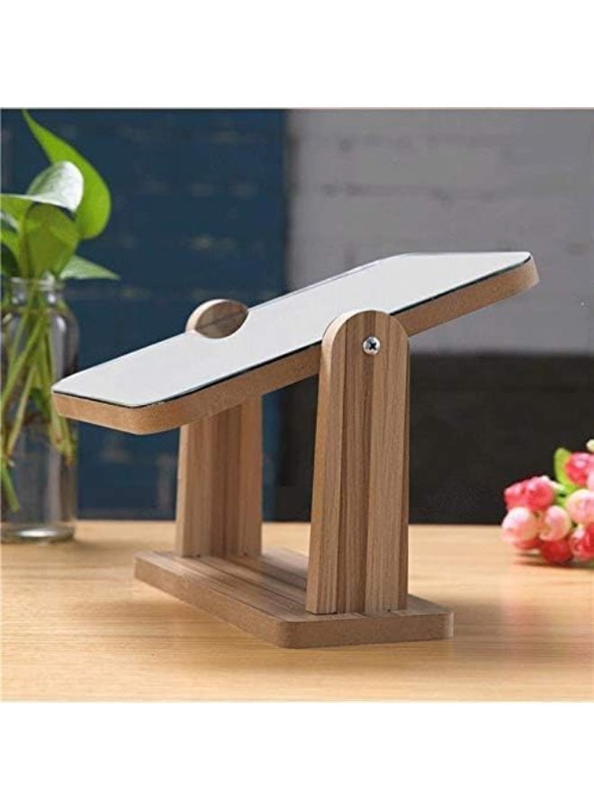 ديكور هيلز مرآة مكياج خشبية قابلة للدوران 360 درجة - مرآة زينة مستطيلة الشكل توضع على سطح الطاولة مع قاعدة ثابتة، ومسامير قابلة للتعديل على الوجهين، وزجاج عالي الدقة، ومرآة مكتب للمنزل والصالون للنساء والرجال - Image 5