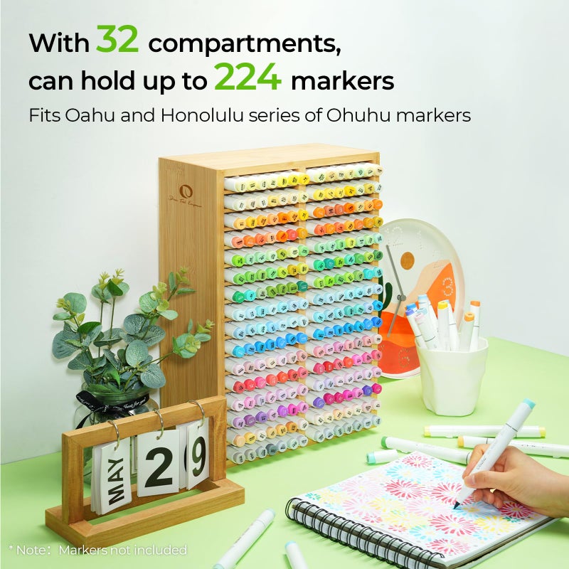 Ohuhu Bamboo Marker Organizer, Desktop Storage Hold 224 Markers for Honolulu Oahu Series of Ohuhu Markers, Pens Pencils Stationary Organizer Holder with 32 Compartments for Classroom Office Decor - Image 3