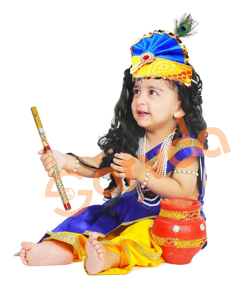 Sarvda Brocade Shree Krishna Dress For Kids For Baby Boy Radha Dress For Girls With Accessories Dhoti, Dupatta, Mukut Flute Complete Set, Multicolor - Image 2