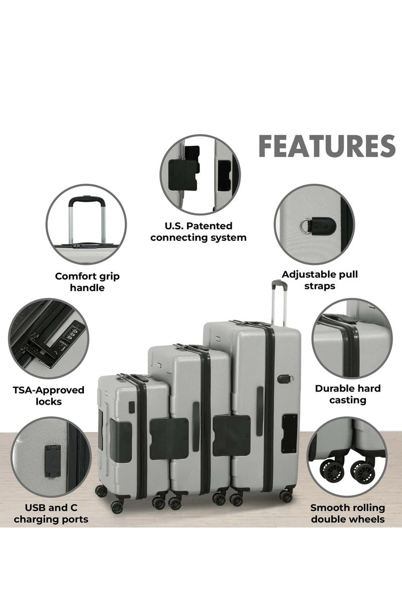 TACH Connectable 3 Pcs Luggage Set | 22, 24 & 28" Spinner Luggage with TSA Locks | Patented Built-In Connecting System Easily Links 6 Bags | Silver - Image 4