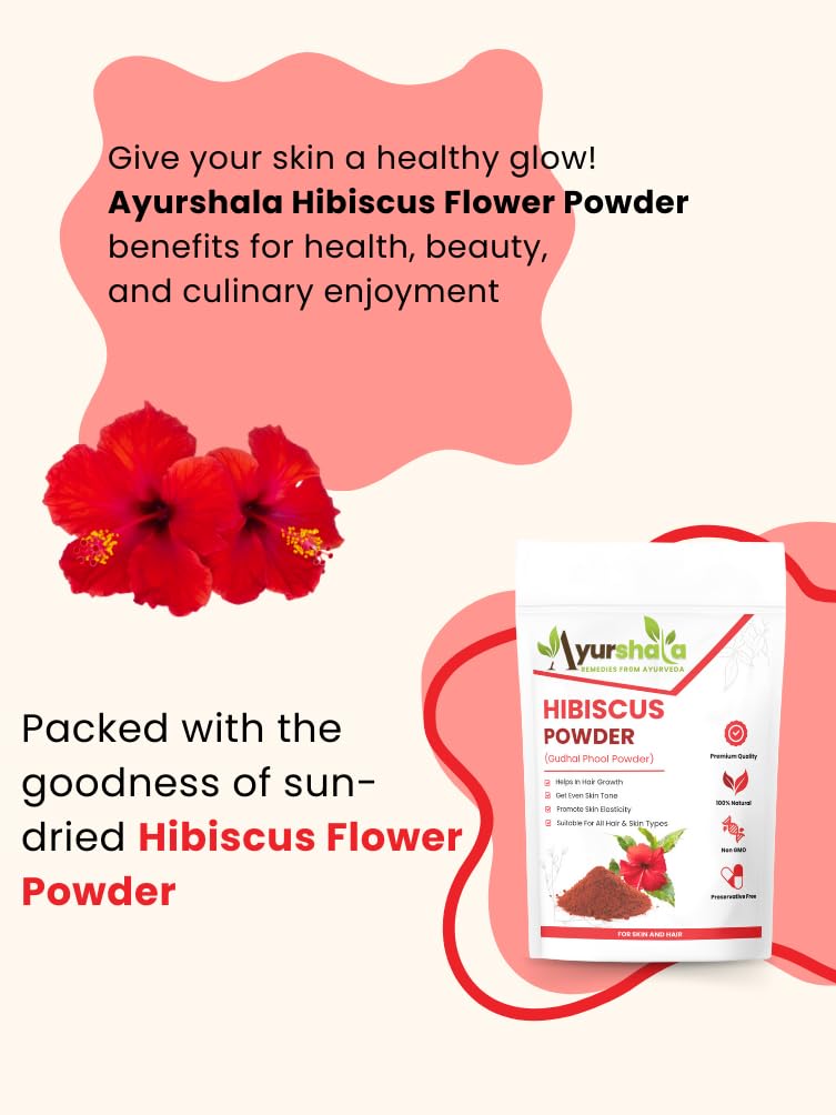 Ayurshala Hibiscus Flower Powder for Face Pack and Hair Mask Natural Pure Hibiscus RosaSinensis Hair Skin Care Gudhal Ka Phool Powder For Dull Hair Dry Scalp 200 GM - Image 4