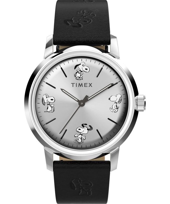 TIMEX Men'S Marlin Automatic Peanuts Sketch 40Mm Watch Black Strap Silver-Tone Dial Stainless Steel Case - Image 1